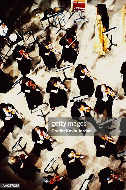 high angle view of symphony orchestra - classical imagens e fotografias de stock