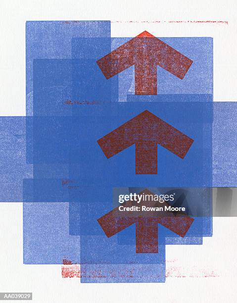 arrows pointing up on overlapping rectangles - flat art stock illustrations