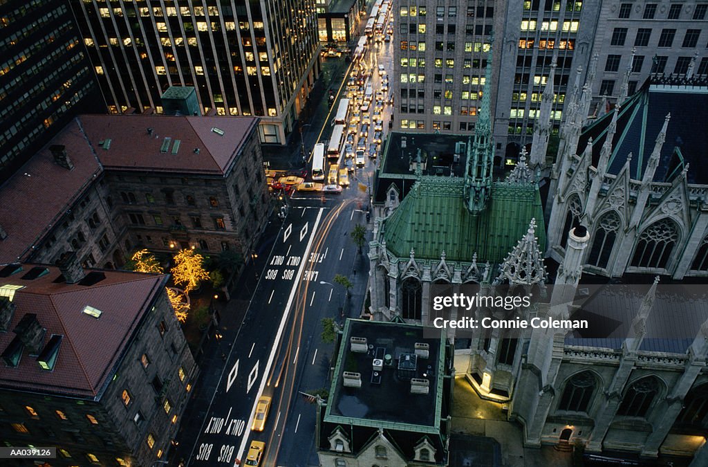 USA, New York, New York City, St Patrick's Cathedral, elevated view