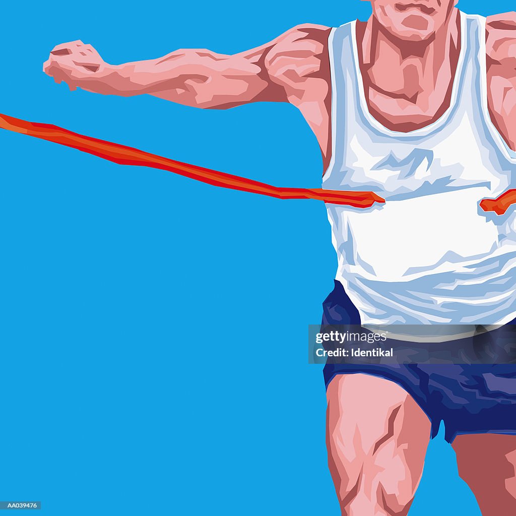 Male runner crossing finish line, mid section