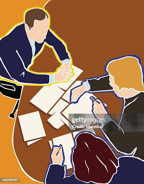businesspeople meeting, elevated view - conference table top view stock illustrations
