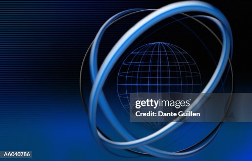 Circles orbiting globe (Digitally Generated) Circles orbiting globe (Digitally Generated)