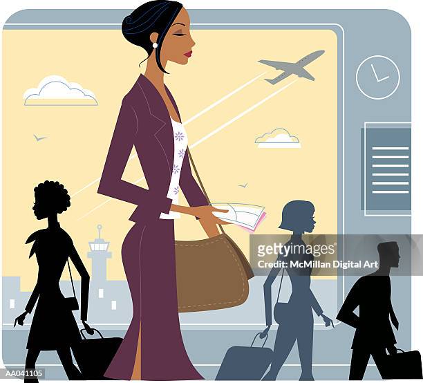 businesswoman walking through airport, side view - beca stock illustrations