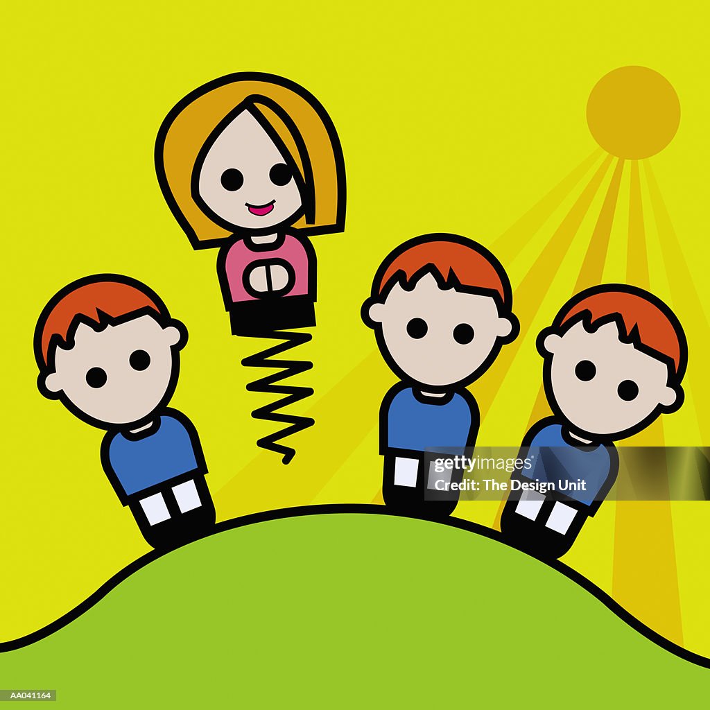 Girl bouncing on spring on hill surrounded by three boys