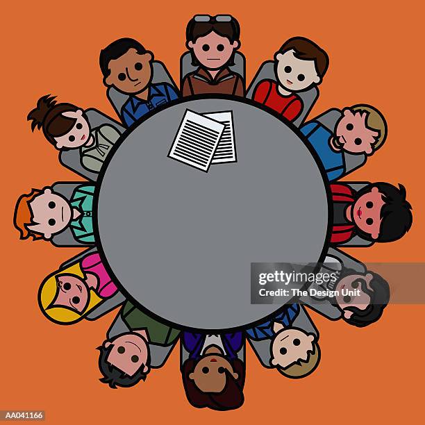 children sitting around conference table, overhead view - round table discussion stock illustrations