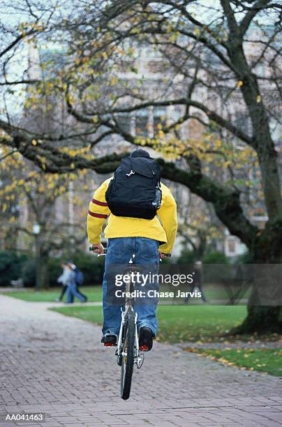 man riding bicycle on university campus, rear view - institutions et organisations éducatives photos et images de collection