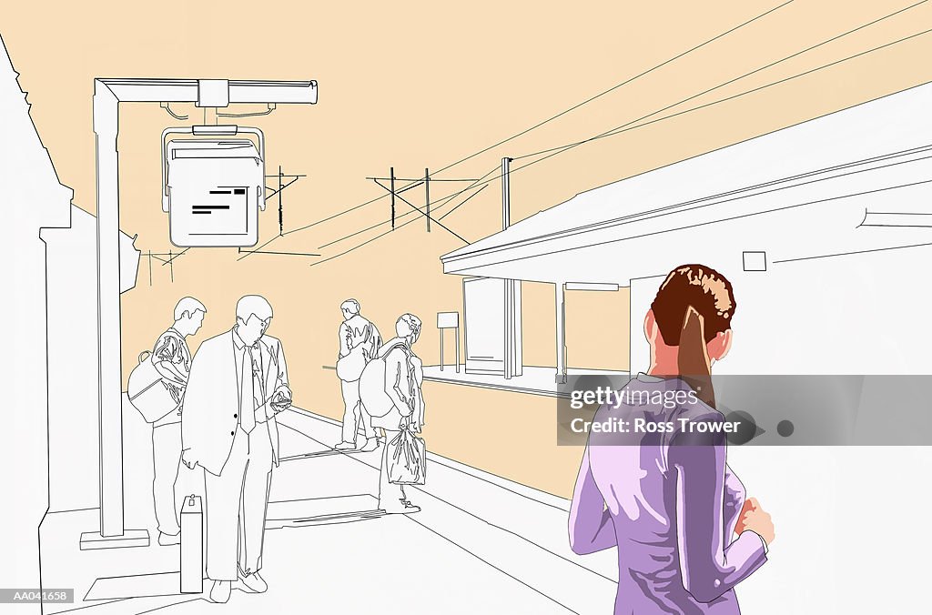 Commuters waiting on train platform (Digital)