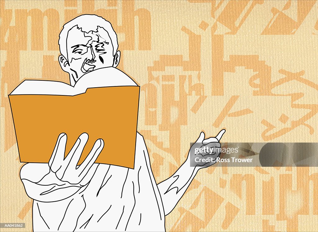 Man Reading from Book, Gesturing