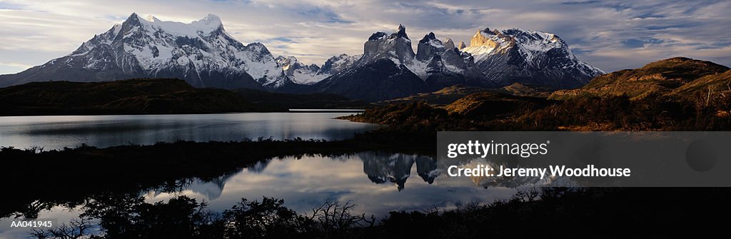 Chile, Patagonia, Cuernos de Paine and Lake Pehoe, dusk