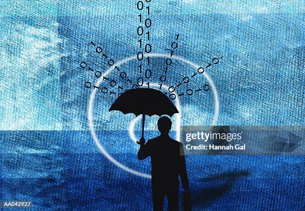 businessman under an umbrella, falling binary code - gal stock illustrations