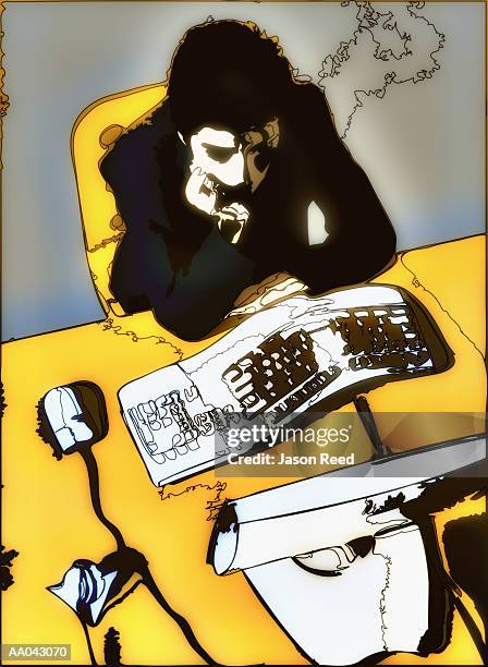 businessman sitting at computer, elevated view (digital) - touching head stock illustrations