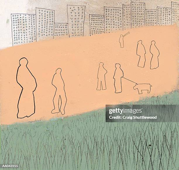 people in city park (digital) - office complex stock illustrations