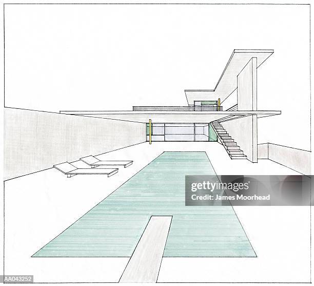 swimming pool on back patio of modern house - flat art stock illustrations