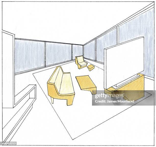 sofa, chair and television in room - flat art stock illustrations