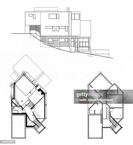 house floor plans, and drawing of exterior (digital) - flat art stock illustrations