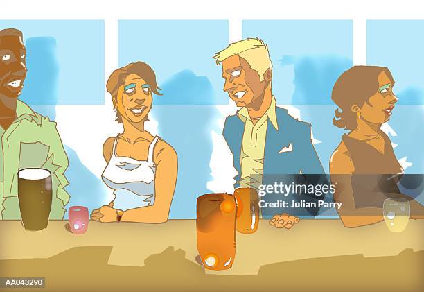 stockillustraties, clipart, cartoons en iconen met people talking at bar counter (digital) - julian