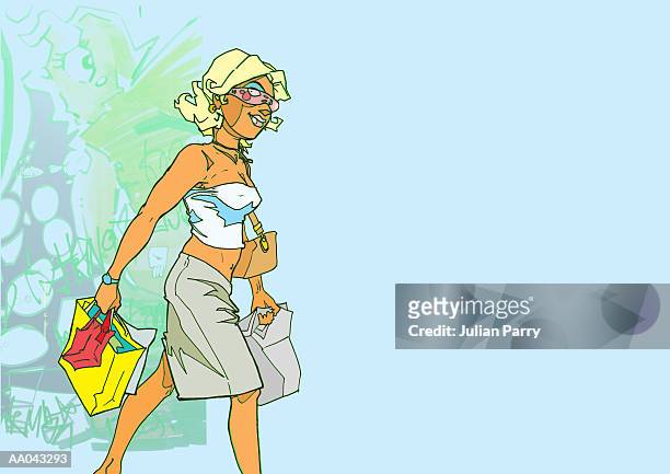 stockillustraties, clipart, cartoons en iconen met woman carrying shopping bags (digital) - julian