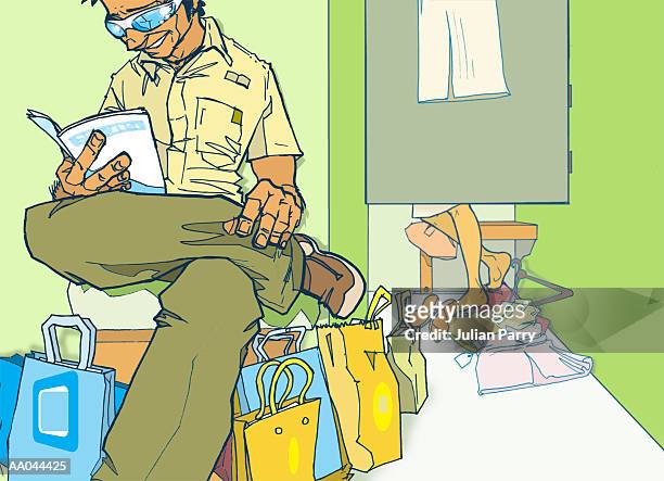 man waiting, woman trying on clothes in fitting room (digital) - julian stock illustrations