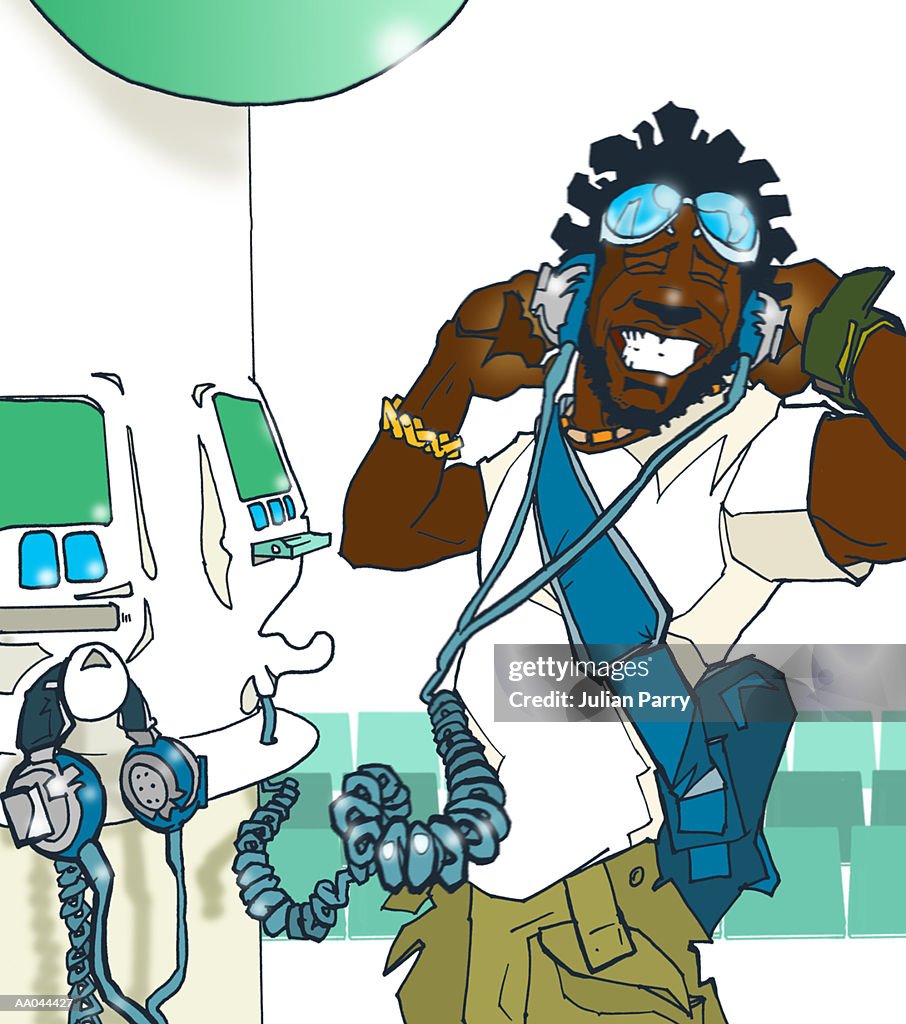 Young man listening to music on headphones (Digital)