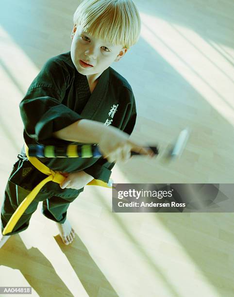 boy (6-8) wearing martial arts uniform, elevated view, portrait - nunchucks stock-fotos und bilder