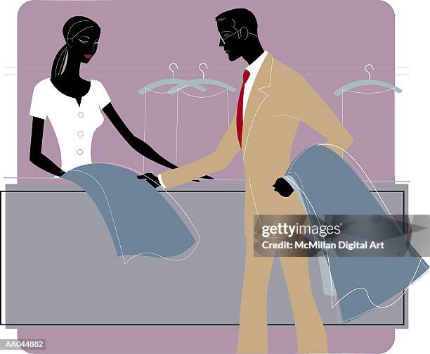 man at dry cleaners - dry cleaner counter stock illustrations