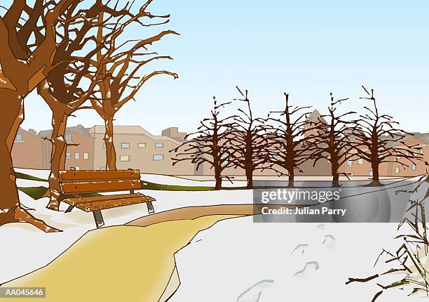 stockillustraties, clipart, cartoons en iconen met park with bench in winter - julian