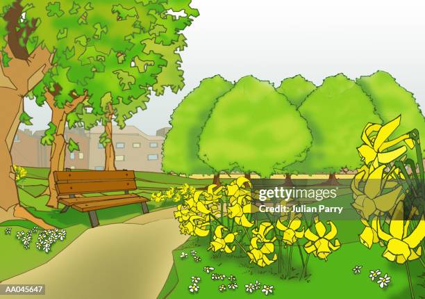 park with bench in spring - empty park bench stock illustrations