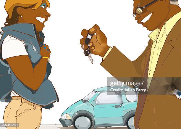 ilustraciones, imágenes clip art, dibujos animados e iconos de stock de father giving daughter car keys - family moments