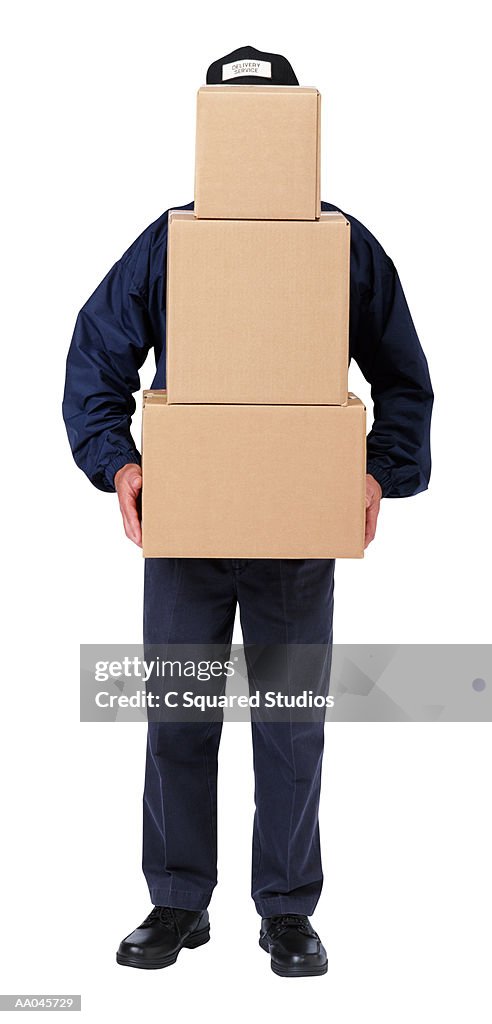 Delivery Man Hiding Face with Parcels