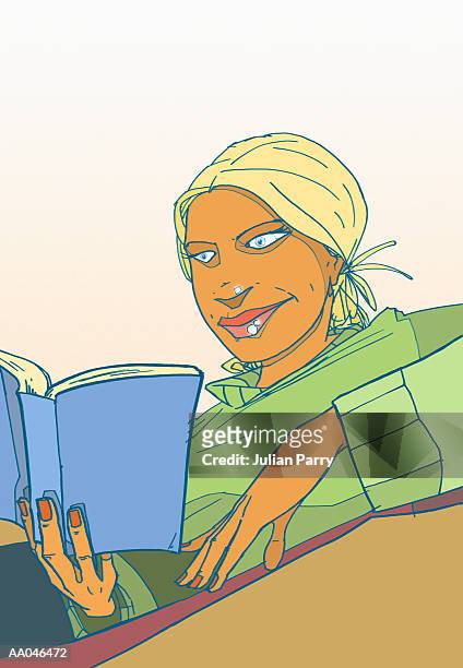 stockillustraties, clipart, cartoons en iconen met young woman reading book - julian