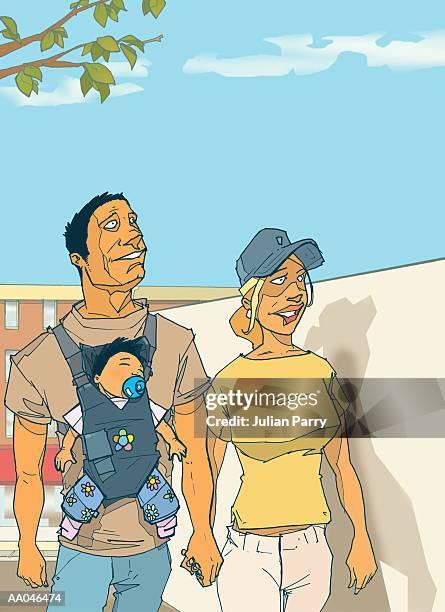 stockillustraties, clipart, cartoons en iconen met parents with baby (6-9 months) in carrier holding hands - julian