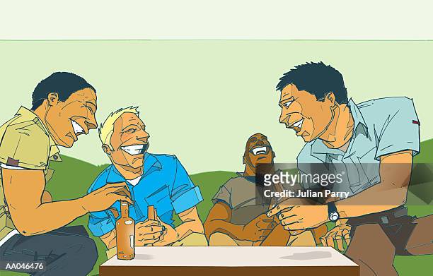 four man laughing indoors - julian stock illustrations