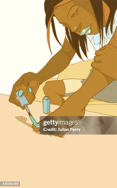 stockillustraties, clipart, cartoons en iconen met woman painting her toenails - julian