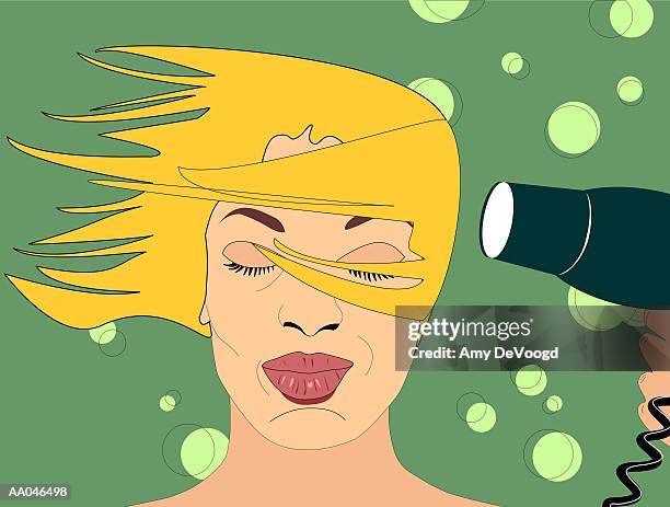 woman blow drying hair - blow drying hair stock illustrations