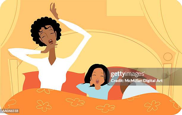 parents and daughter (7-9) waking up in bed - yawning mother child stock illustrations