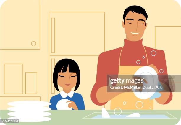 father and daughter (8-10) washing dishes - washing dishes stock illustrations