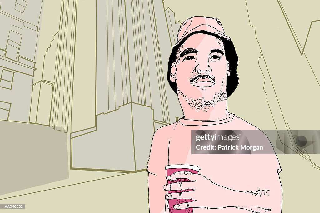 Man carrying beverage in urban scene