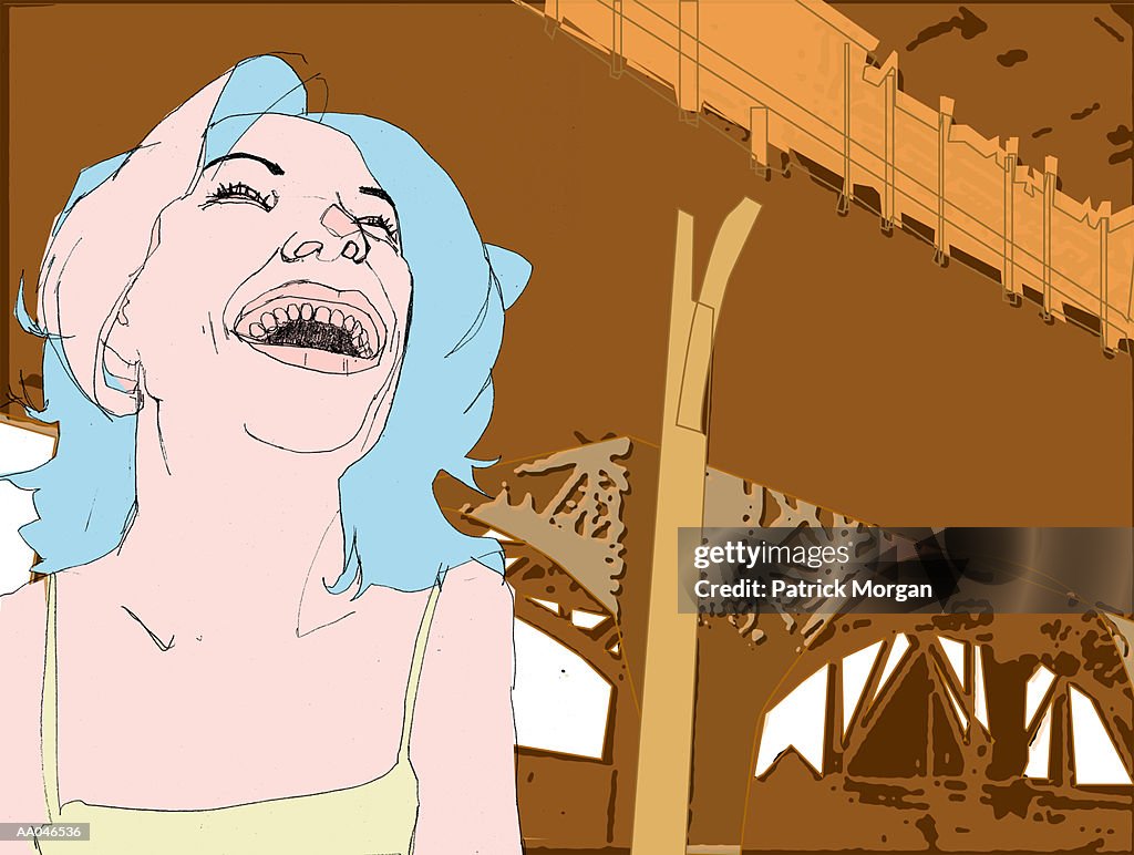 Woman laughing under elevated roadway