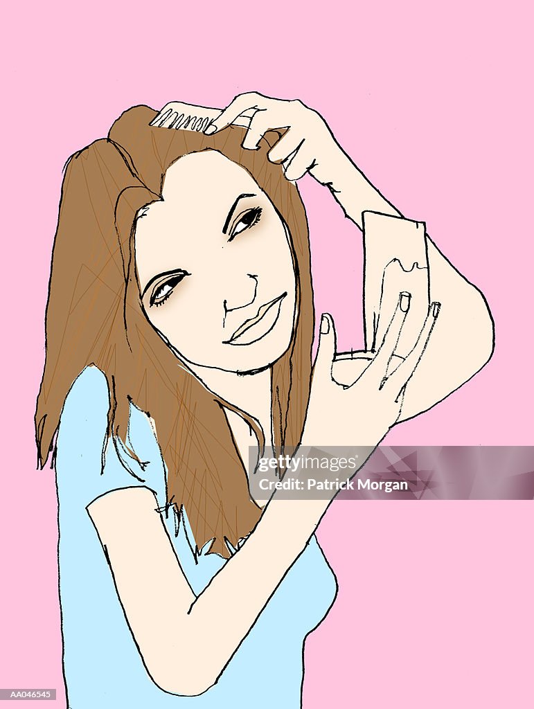 Young woman combing hair, looking into hand mirror