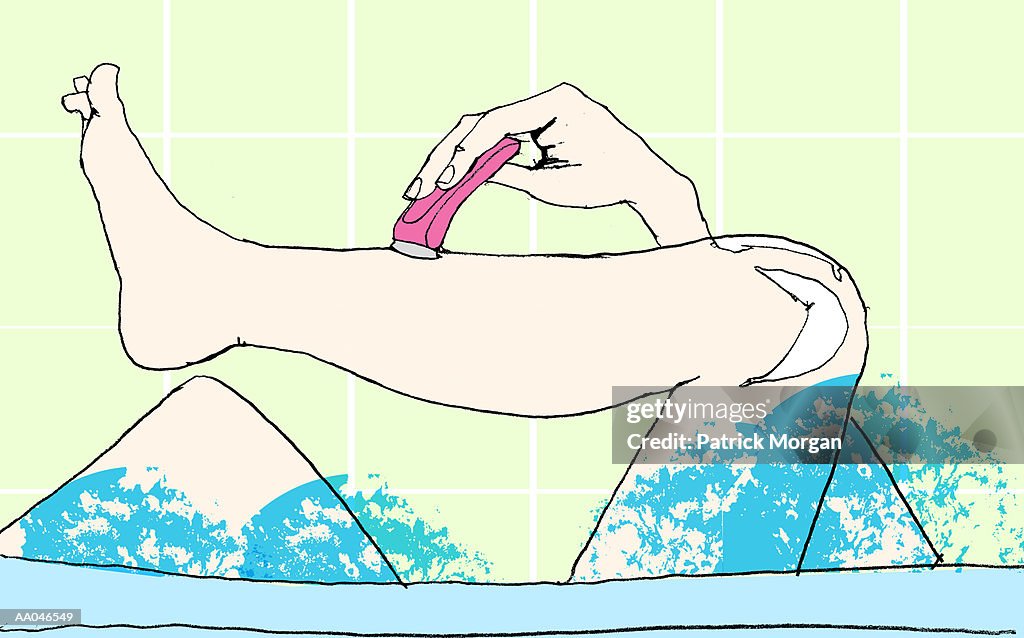 Woman shaving legs in bathtub, low section