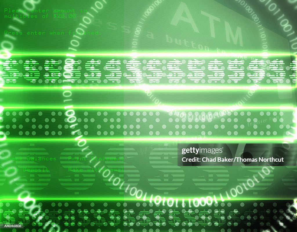 ATM machine with currency symbols and binary data (Digital)