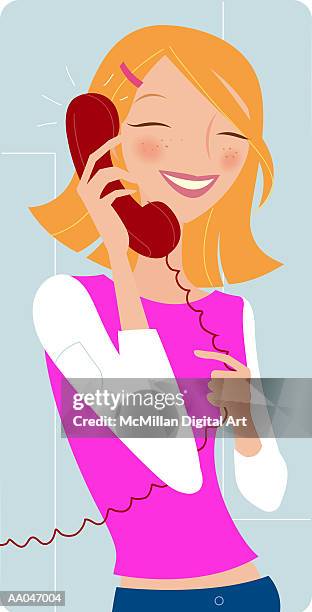 teenage girl talking on telephone - sommersprosse stock-grafiken, -clipart, -cartoons und -symbole