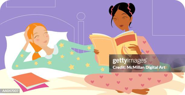 teenage girls reading magazines at slumber party - only teenage girls stock illustrations