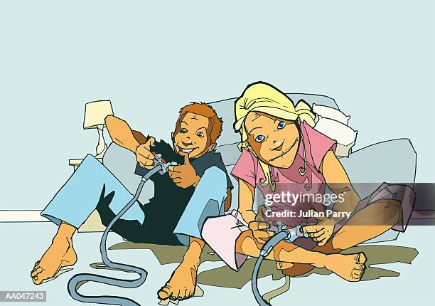 stockillustraties, clipart, cartoons en iconen met boy and girl (10-13) playing video games - julian