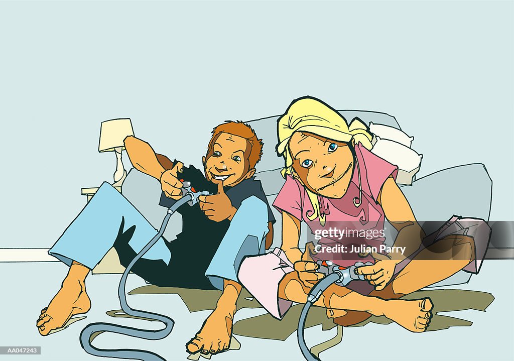 Boy and girl (10-13) playing video games