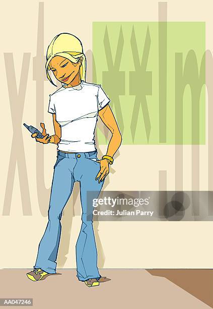 stockillustraties, clipart, cartoons en iconen met young woman using mobile text messaging - julian