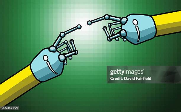 robotic arms touching - religious event stock illustrations