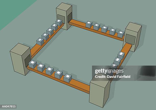 production line, elevated view - empty factory interior stock illustrations
