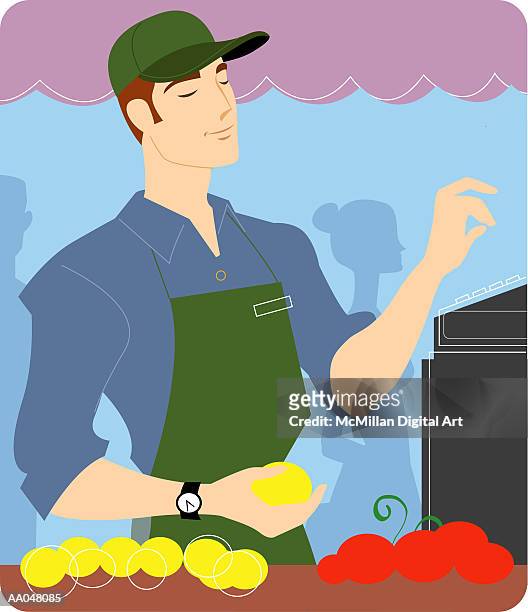 ilustrações, clipart, desenhos animados e ícones de male cashier at register - trabalhador de meio expediente
