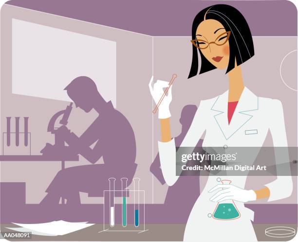 female lab researcher holding flask - stirring rod stock illustrations